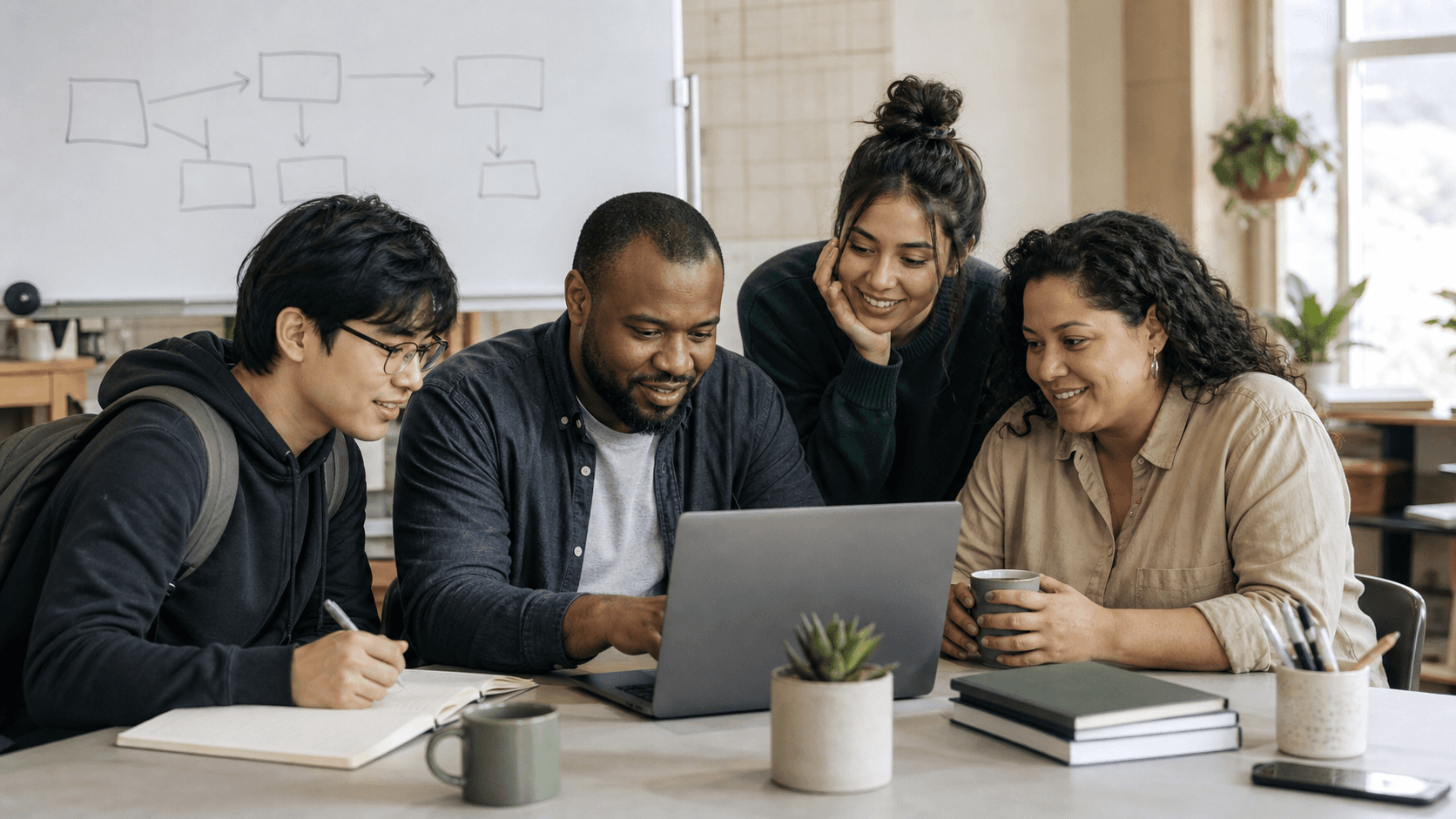 AI-generated editorial scene of a student, employee, marketer, and business owner learning around one laptop